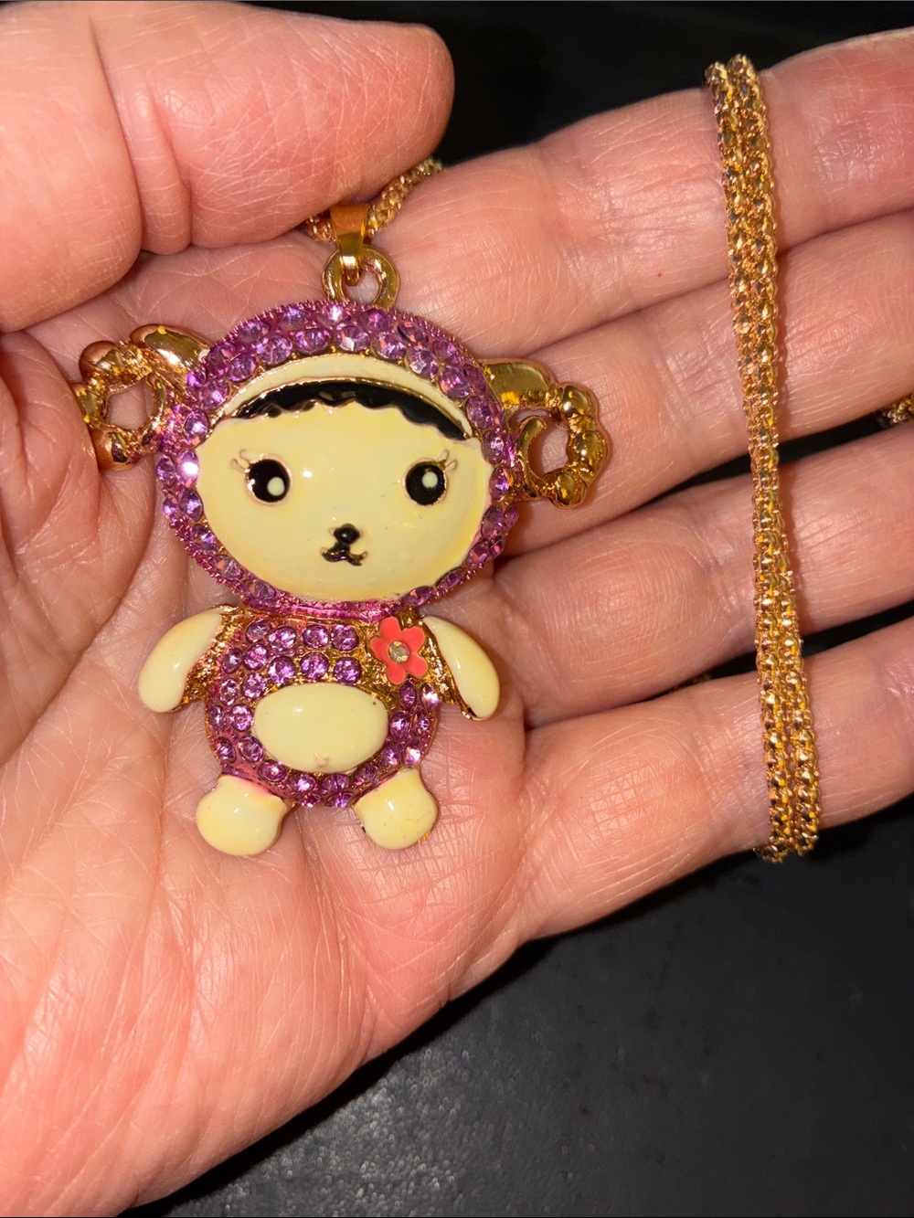 Charming Gold-Tone Pink Crystal Pendant Necklace